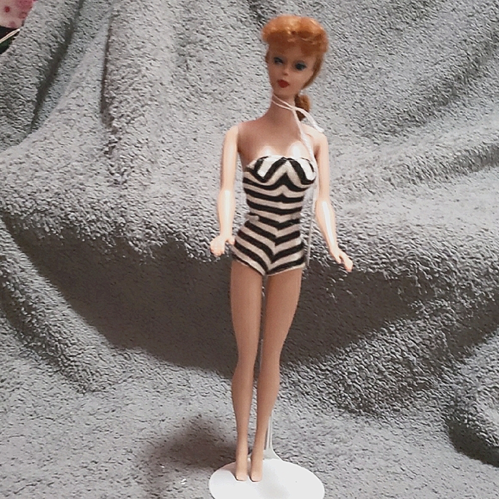 Vintage 1960s Barbie Doll Black and White Striped Bathing Suit Red Ponytail